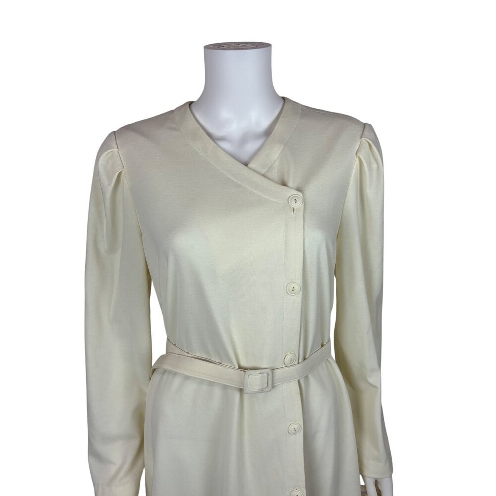 Vintage 80s Asymmetrical Dress Womens XL Cream Long Sleeve Belted Long Sleeve Po - Picture 4 of 11